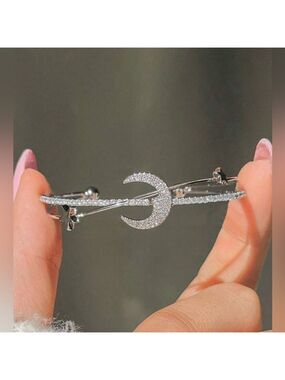 Silver Rhinestone Crescent Moon Open Cuff Bracelet